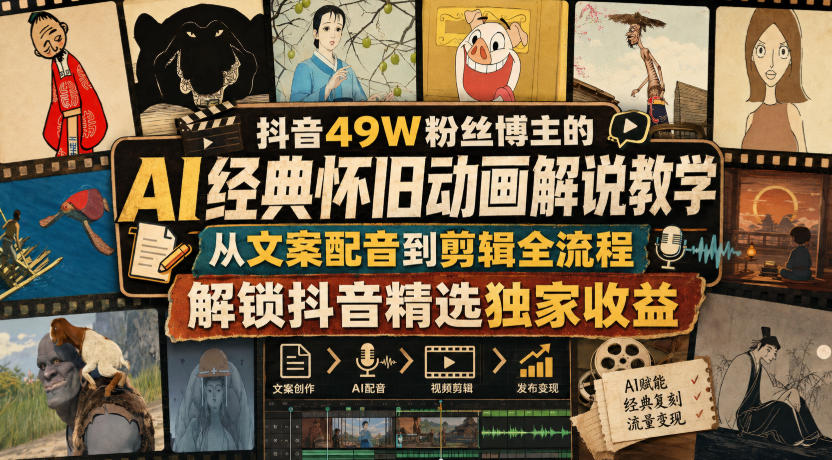 抖音49W粉丝博主的AI经典怀旧动画解说教学，从文案配音到剪辑全流程，解锁抖音精选独家收益-造梦栈