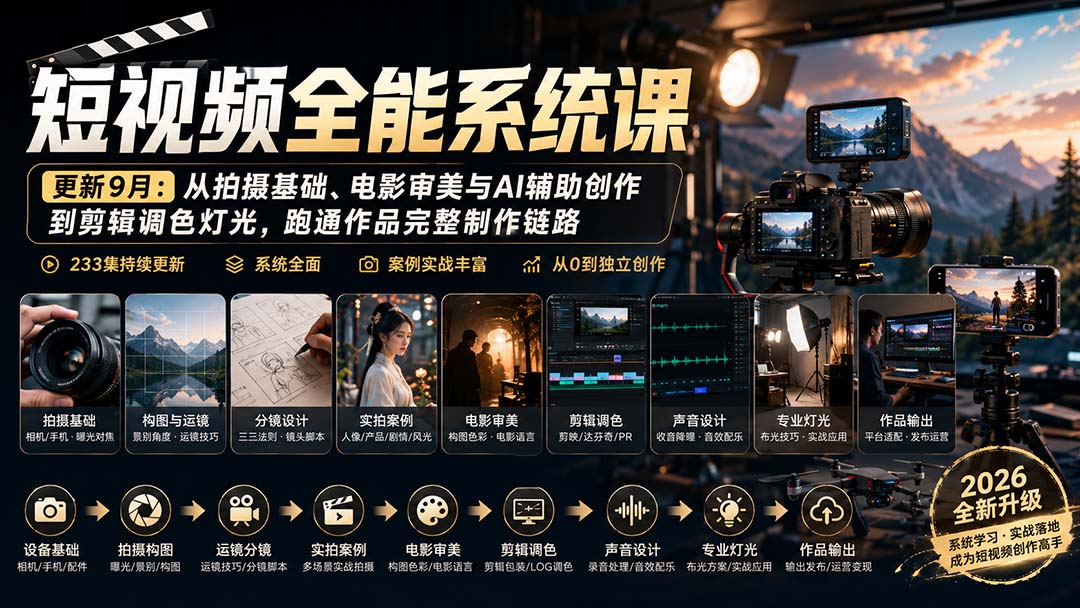 短视频全能系统课-更新8月233集：从拍摄基础、电影审美与AI辅助创作到剪辑调色灯光，跑通作品完整制作链路-造梦栈