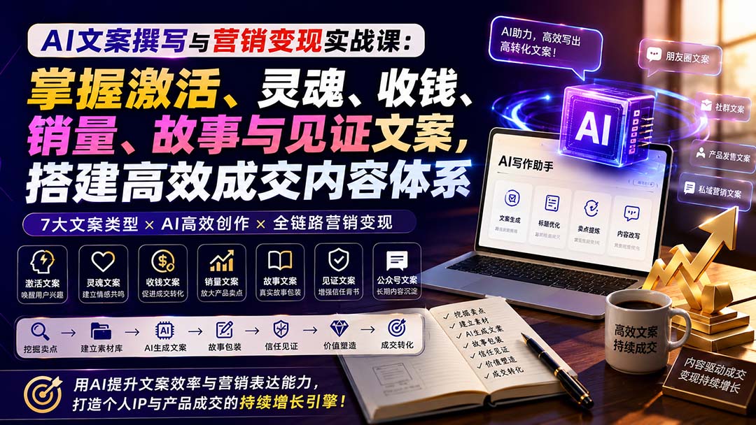 AI文案撰写与营销变现实战课：掌握激活、灵魂、收钱、销量、故事与见证文案，搭建高效成交内容体系-造梦栈