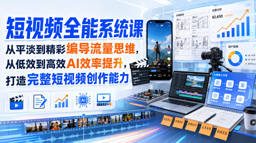 短视频全能系统课，从平淡到精彩编导流量思维，从低效到高效AI效率提升，打造完整短视频创作能力(2026年8月30更新233集)-造梦栈