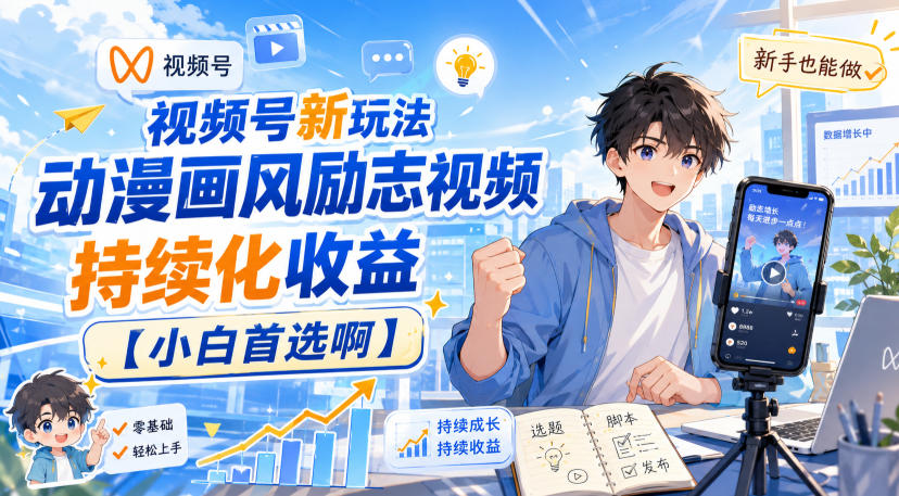 视频号新玩法动漫画风励志视频，持续化收益【小白首选啊】-造梦栈