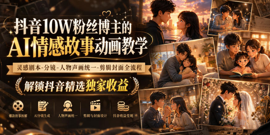 抖音10W粉丝博主的AI情感故事动画教学，灵感剧本‑分镜‑人物声画统一‑剪辑封面全流程，解锁抖音精选独家收益-造梦栈