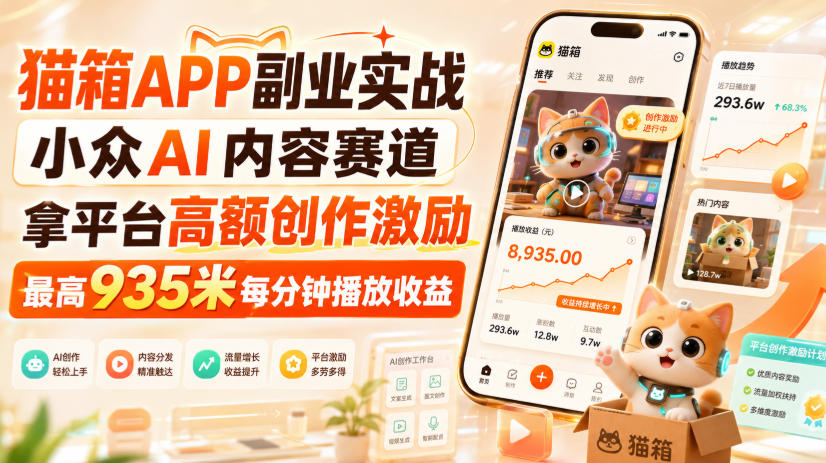 猫箱APP副业实战，小众AI内容赛道，拿平台高额创作激励，最高935米每分钟播放收益-造梦栈