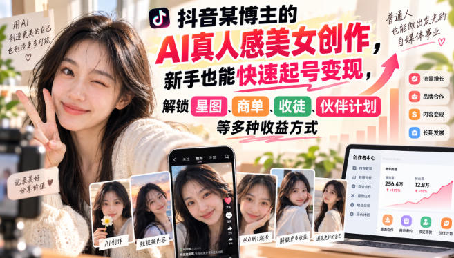 抖音某博主的AI真人感美女创作，新手也能快速起号变现，解锁星图，商单，收徒，伙伴计划等多种收益方式-造梦栈