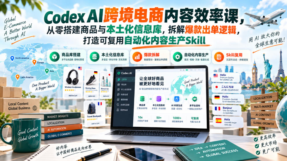 Codex AI跨境电商内容效率课，从零搭建商品与本土化信息库，拆解爆款出单逻辑，打造可复用自动化内容生产Skill-造梦栈
