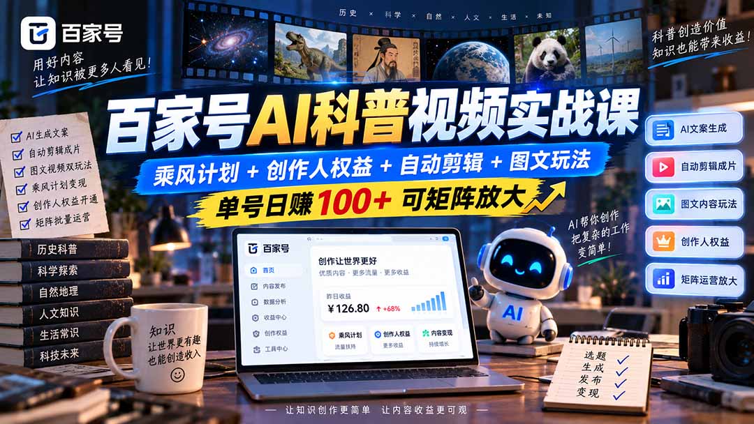 百家号AI科普视频实战课：乘风计划+创作人权益+自动剪辑+图文玩法，单号日赚100+可矩阵放大-造梦栈