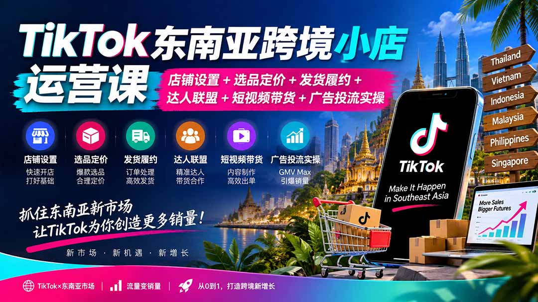 TikTok东南亚跨境小店运营课：店铺设置+选品定价+发货履约+达人联盟+短视频带货+广告投流实操-造梦栈