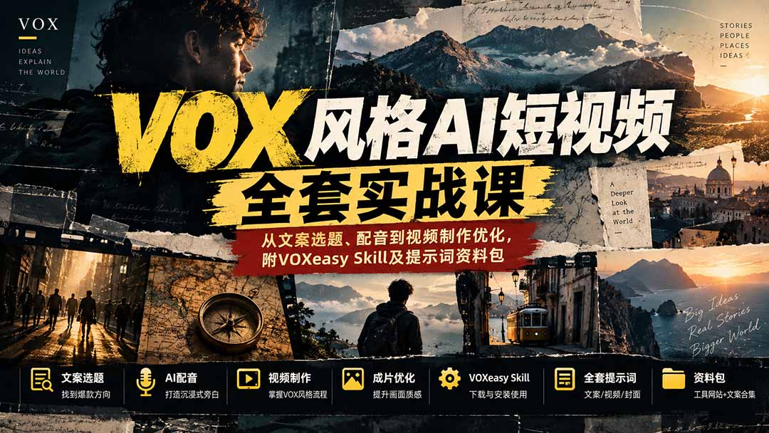 【无水印】VOX风格AI短视频全套实战课：从文案选题、配音到视频制作优化，附VOXeasy Skill及提示词资料包-造梦栈