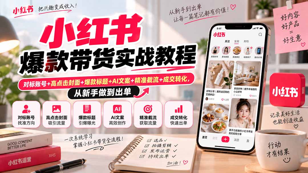小红书爆款带货实战教程｜对标账号+高点击封面+爆款标题+AI文案+精准截流+成交转化，从新手做到出单-造梦栈