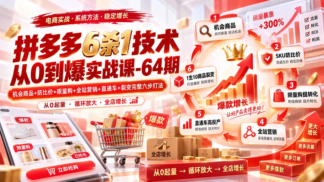 拼多多6杀1技术从0到爆实战课-64期：机会商品+防比价+限量购+全站营销+直通车+裂变完整六步打法-造梦栈