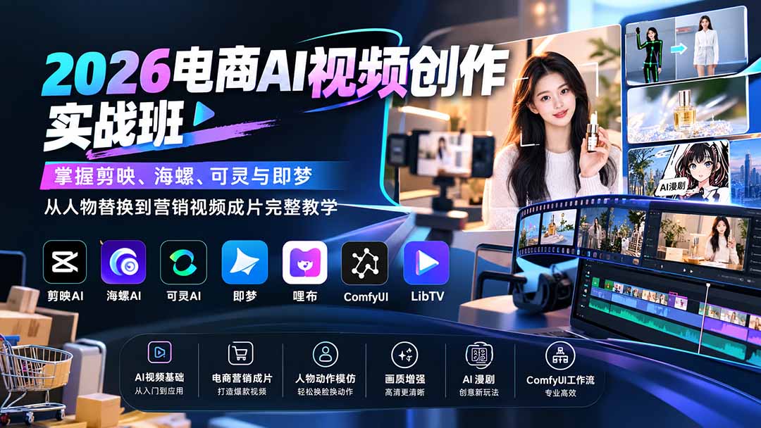 2026电商AI视频创作实战班：掌握剪映、海螺、可灵与即梦，从人物替换到营销视频成片完整教学-造梦栈