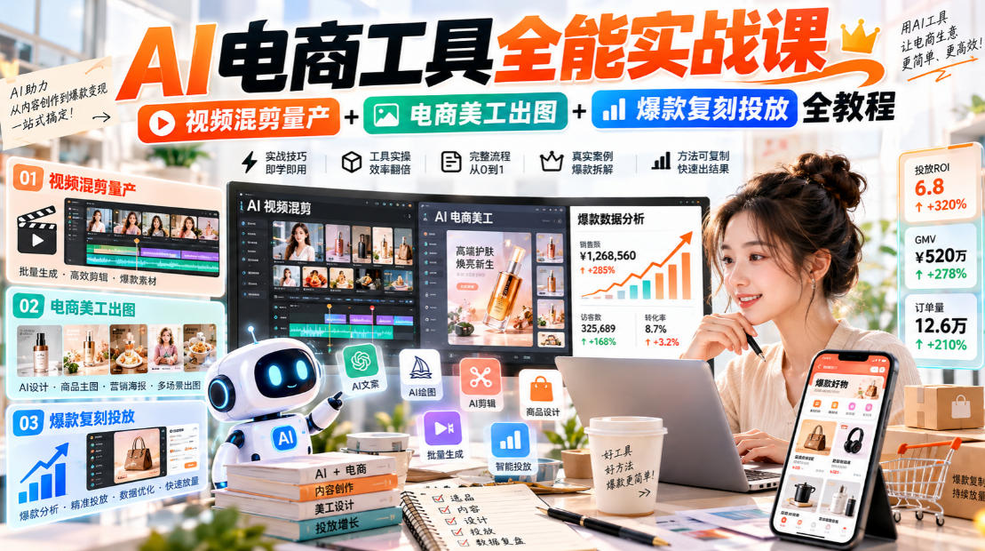 AI电商工具全能实战教学，视频混剪量产+电商美工出图+爆款复刻投放全教程​-造梦栈