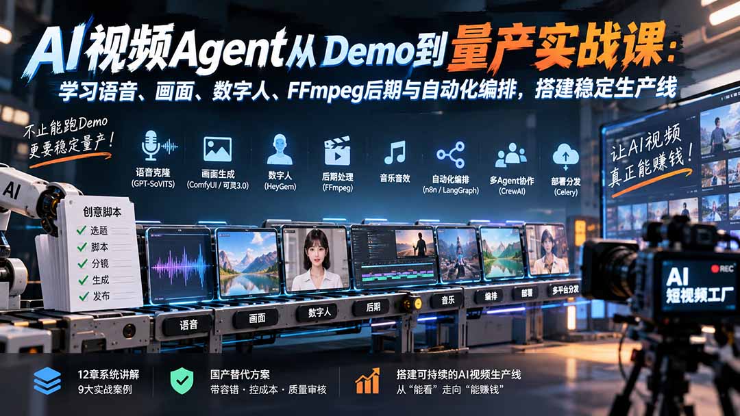 AI视频Agent从Demo到量产实战课：学习语音、画面、数字人、FFmpeg后期与自动化编排，搭建稳定生产线-造梦栈