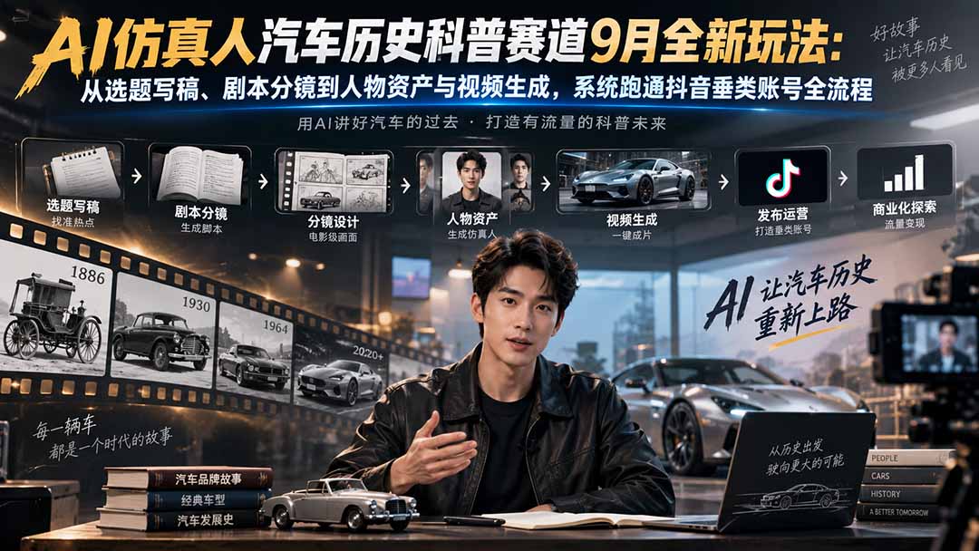 AI仿真人汽车历史科普赛道9月全新玩法：从选题写稿、剧本分镜到人物资产与视频生成，系统跑通抖音垂类账号全流程-造梦栈