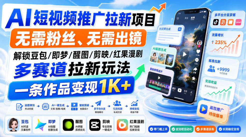 AI短视频推广拉新项目，无需粉丝、无需出镜，解锁豆包/即梦/醒图/剪映/红果漫剧多赛道拉新玩法，一条作品变现1K+(更新0918)-造梦栈