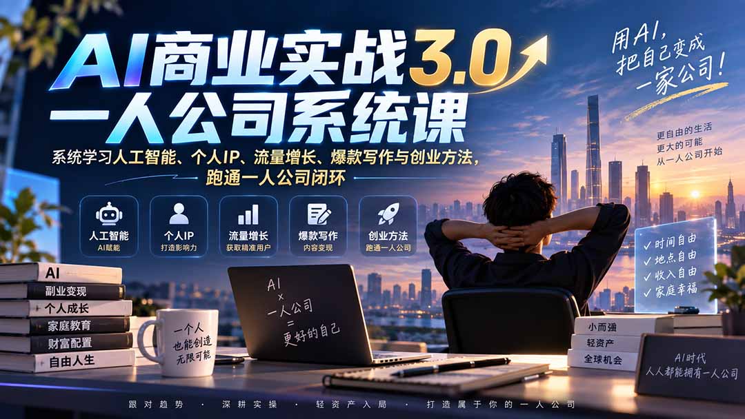 AI商业实战3.0一人公司系统课：系统学习人工智能、个人IP、流量增长、爆款写作与创业方法，跑通一人公司闭环-造梦栈