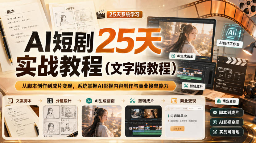 AI短剧25天实战教程(文字版教程)，从脚本创作到成片变现，系统掌握AI影视内容制作与商业接单能力-造梦栈