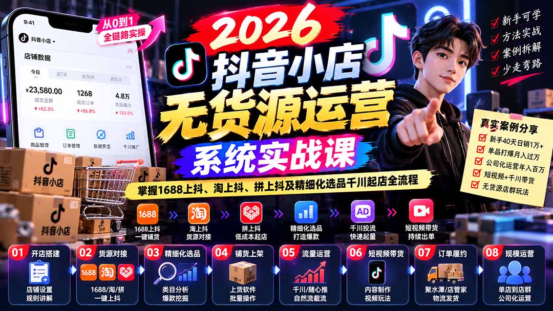 【无水印】2026抖音小店无货源运营系统实战课：掌握1688上抖、淘上抖、拼上抖及精细化选品千川起店全流程-造梦栈