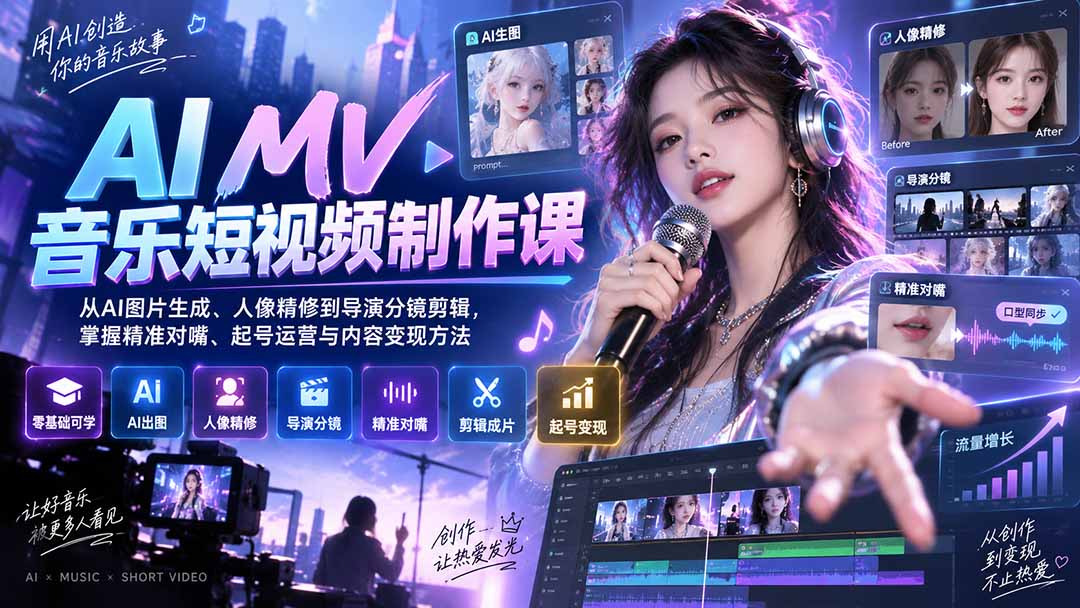 AI MV音乐短视频制作课：从AI图片生成、人像精修到导演分镜剪辑，掌握精准对嘴、起号运营与内容变现方法-造梦栈