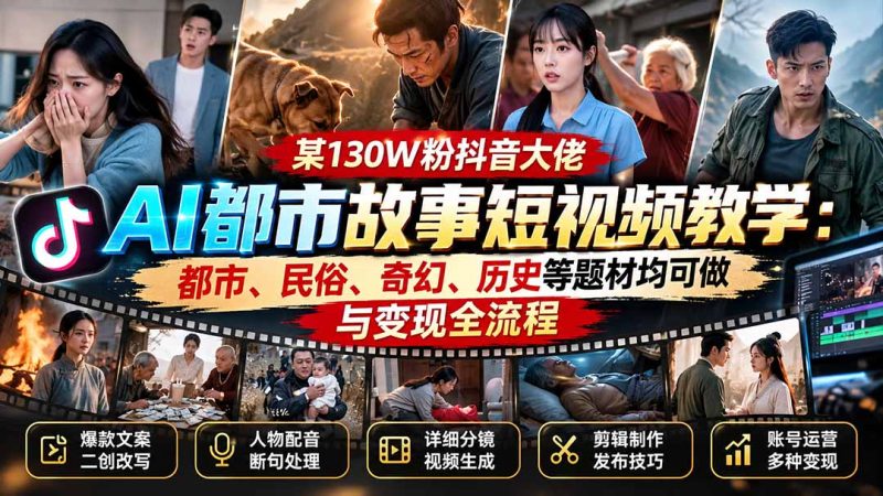 某130W粉抖音大佬AI都市故事短视频教学：都市、民俗、奇幻、历史等题材均可做与变现全流程-造梦栈