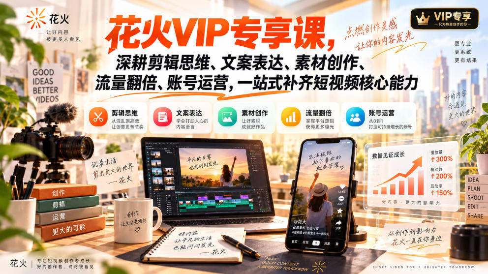 花火VIP专享课，深耕剪辑思维、文案表达、素材创作、流量翻倍、账号运营，一站式补齐短视频核心能力-造梦栈