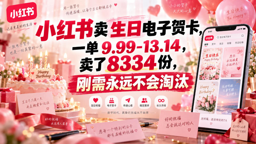 小红书卖生日电子贺卡，一单9.99-13.14，卖了8334份，刚需永远不会淘汰-造梦栈