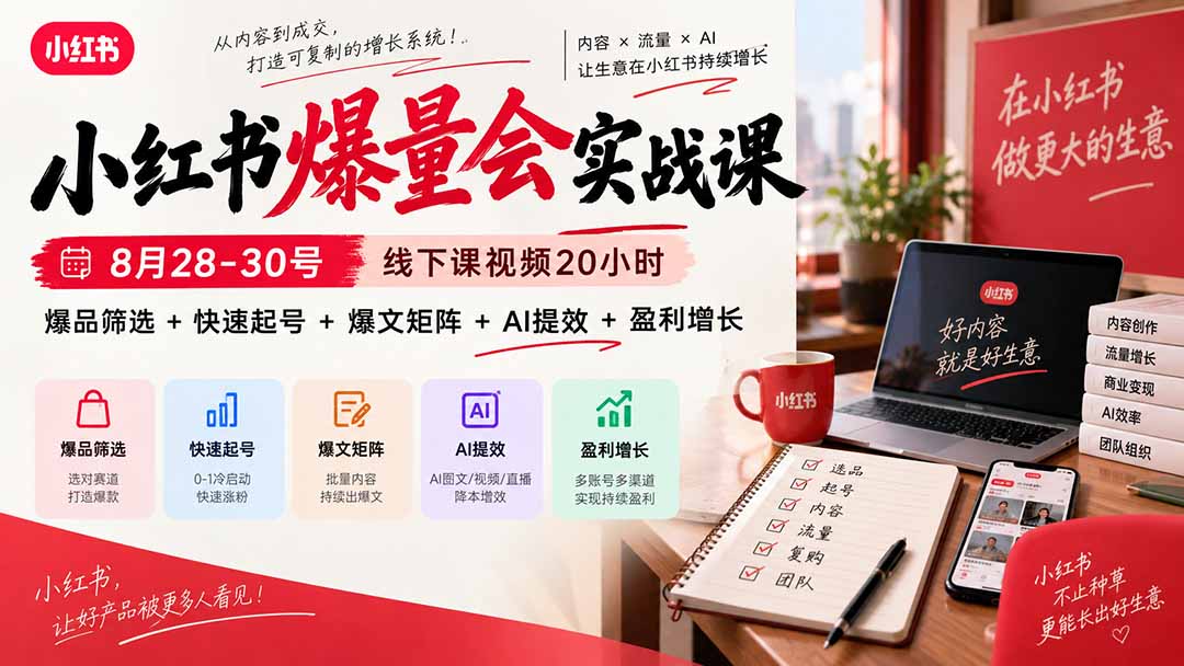 小红书爆量会实战课-更新9月23：线下课视频20小时，爆品筛选+快速起号+爆文矩阵+AI提效+盈利增长-造梦栈