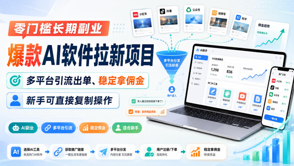 零门槛长期副业，爆款AI软件拉新项目，多平台引流出单、稳定拿佣金，新手可直接复制操作-造梦栈