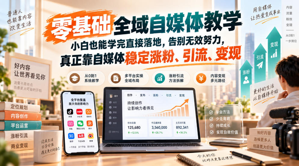零基础全域自媒体教学，小白也能学完直接落地，告别无效努力，真正靠自媒体稳定涨粉、引流、变现-造梦栈