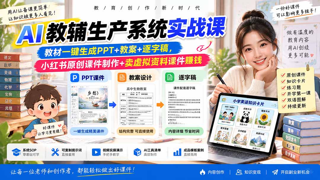 AI教辅生产系统实战课-更新0926｜教材一键生成PPT+教案+逐字稿，小红书原创课件制作+卖虚拟资料课件赚钱-造梦栈
