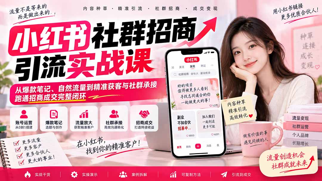 小红书社群招商引流实战课-无水印：从爆款笔记、自然流量到精准获客与社群承接，跑通招商成交完整闭环-造梦栈