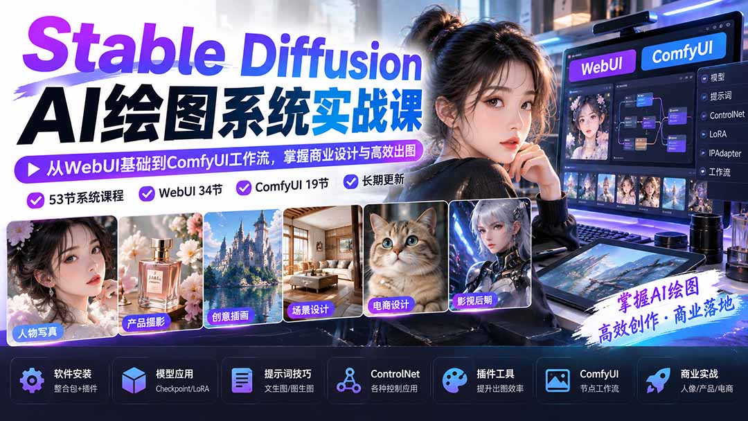 【无水印】Stable Diffusion AI绘图系统实战课：从WebUI基础到ComfyUI工作流，掌握商业设计与高效出图-造梦栈