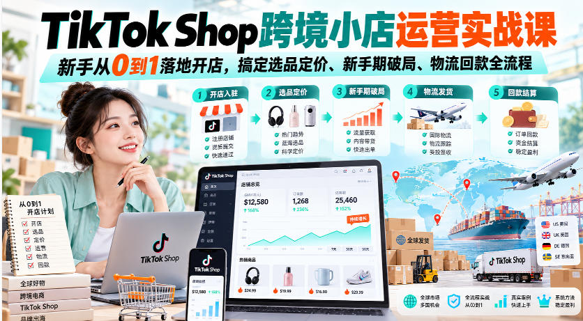 TikTok Shop跨境小店运营实战课，新手从0到1落地开店，搞定选品定价、新手期破局、物流回款全流程-造梦栈
