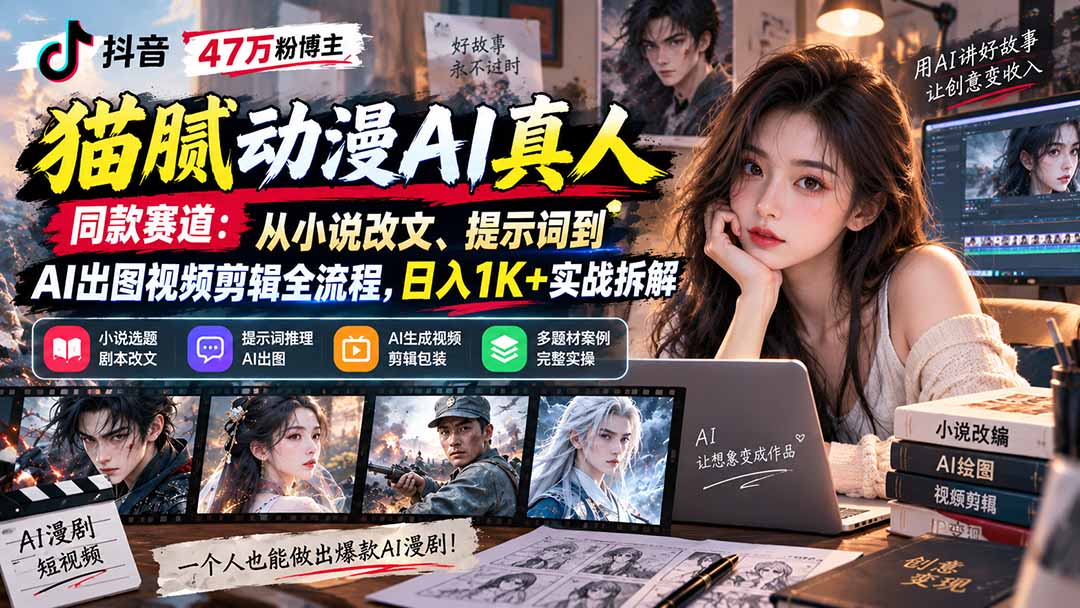 抖音47万粉博主猫腻动漫AI真人同款赛道：从小说改文、提示词到AI出图视频剪辑全流程，日入1K+实战拆解-造梦栈
