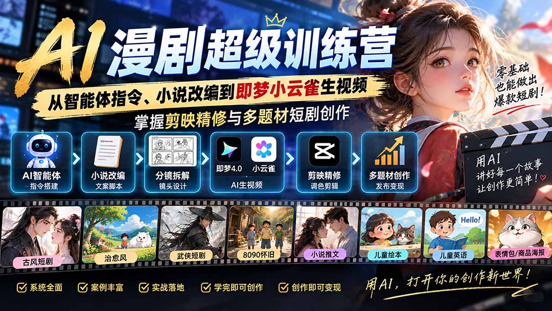 AI漫剧超级特训营：从智能体指令、小说改编到即梦小云雀生视频，掌握剪映精修与多题材短剧创作-造梦栈