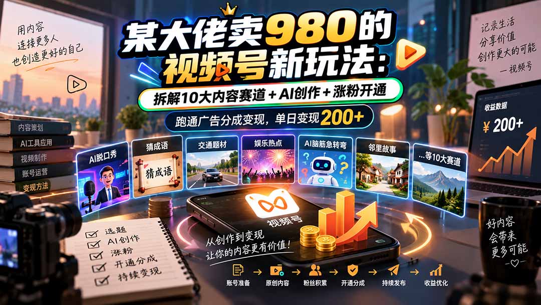 某大佬卖980的视频号新玩法：拆解10大内容赛道+AI创作+涨粉开通，跑通广告分成变现，单日变现200+-造梦栈