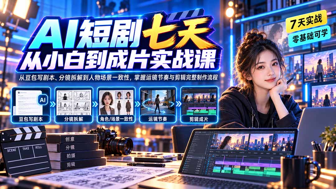 AI短剧七天从小白到成片实战课：从豆包写剧本、分镜拆解到人物场景一致性，掌握运镜节奏与剪辑完整制作流程-造梦栈