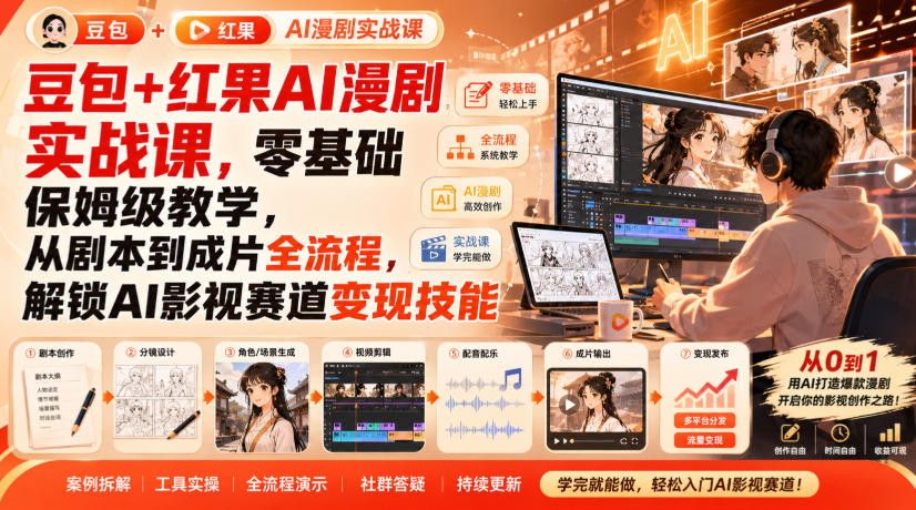豆包+红果AI漫剧实战课，零基础保姆级教学，从剧本到成片全流程，解锁AI影视赛道变现技能-造梦栈