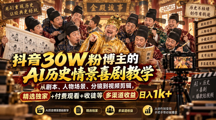 抖音30W粉博主的AI历史情景喜剧教学，从剧本、人物场景、分镜到视频剪辑，精选独家+付费观看+收徒等多渠道收益日入1k+-造梦栈
