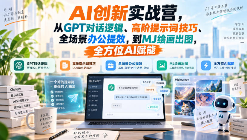 AI创新实战营，从GPT对话逻辑、高阶提示词技巧、全场景办公提效，到MJ绘画出图，全方位AI赋能-造梦栈