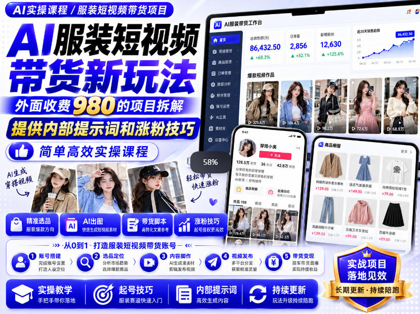 外面收费980AI快手带货系统课程，内部课程首次外放，操作简单高效，一分钟一条爆款视频-造梦栈