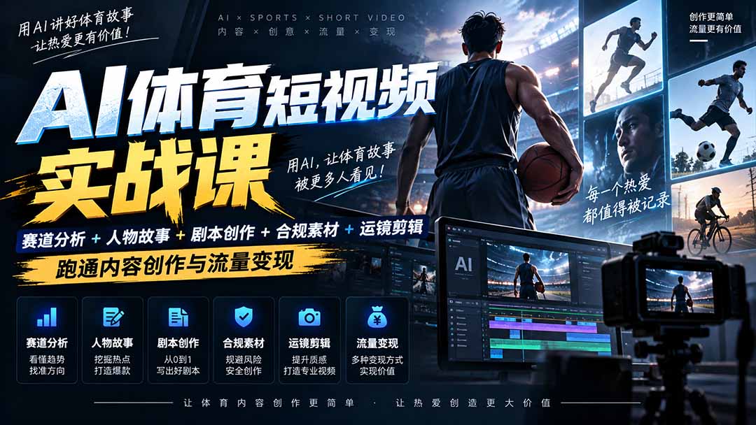 AI体育短视频赛道顶级玩法｜赛道分析+人物故事+剧本创作+版权处理+运镜剪辑，跑通流量变现-日赚1K+-造梦栈