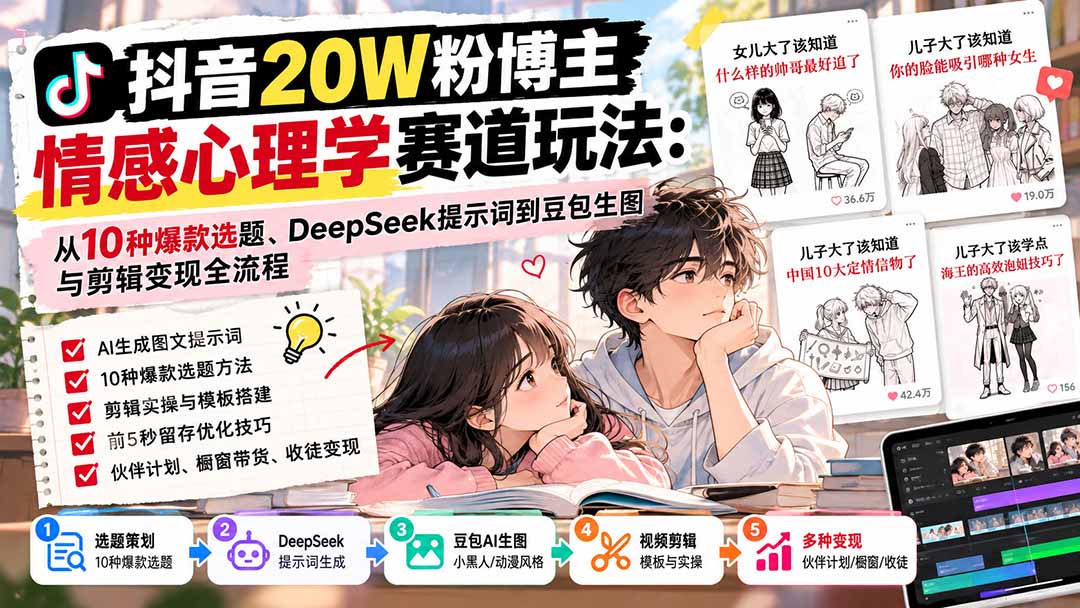 抖音20W粉博主-情感心理学赛道玩法：从10种爆款选题、DeepSeek提示词到豆包生图与剪辑变现全流程-造梦栈