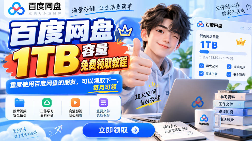 百度网盘1TB容量免费领取教程，重度使用百度网盘的朋友，可以领取下一，每月可领-造梦栈