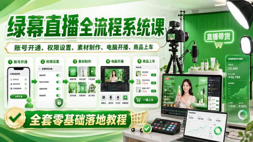绿幕直播全流程系统课，账号开通、权限设置、素材制作、电脑开播、商品上车全套零基础落地教程-造梦栈