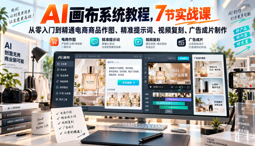 AI画布系统教程，7节实战课从零入门到精通电商商品作图、精准提示词、视频复刻、广告成片制作-造梦栈