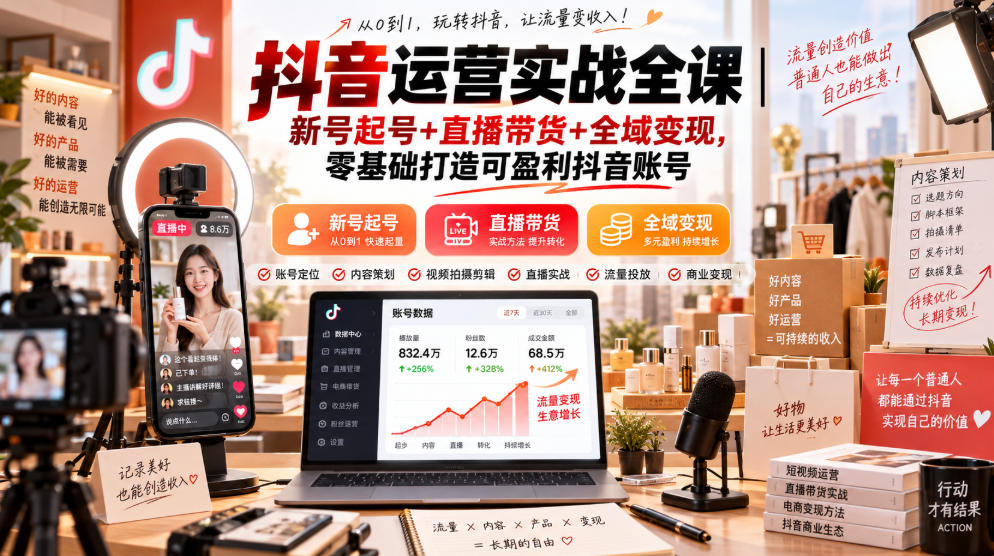 抖音运营实战全课｜新号起号+直播带货+全域变现，零基础打造可盈利抖音账号-造梦栈