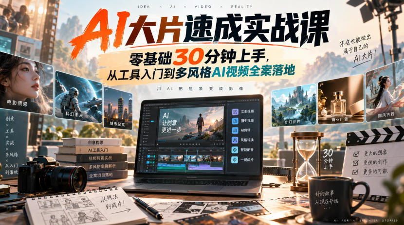 AI大片速成实战课｜零基础30分钟上手，从工具入门到多风格AI视频全案落地​-造梦栈