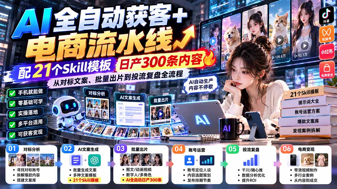【无水印】AI全自动获客+电商流水线：配21个Skill模板，日产300条内容，从对标文案、批量出片到投流复盘全流程-造梦栈