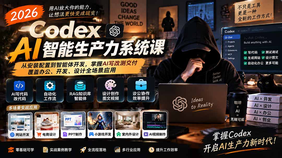 2026 Codex AI智能生产力系统课-更新｜从安装配置到智能体开发，掌握AI写改测交付，覆盖办公、开发、设计全场景应用-造梦栈